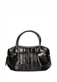 Borsa a mano in pelle verniciata nera con forma arrotondata, dotata di due manici, cuciture verticali sottili e una texture liscia e lucida.
