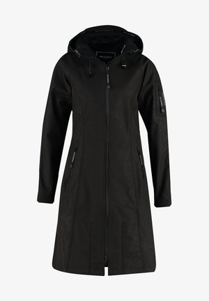 Schwarzer wasserdichter Mantel mit durchgehendem Reißverschluss, verstellbarem Kapuzen und seitlichen Taschen. verfügt über eine strukturierte Oberfläche und Logo-Akzente an der Kapuze und am Ärmel.