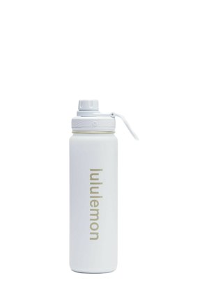White stainless steel water bottle with a textured lid, a flip-top spout, and "lululemon" logo in light gold along the side.