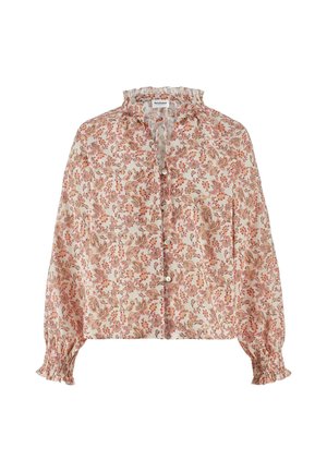 Long-sleeve button-up blouse with pink and beige floral pattern, ruffled high neckline, and gathered elastic cuffs.