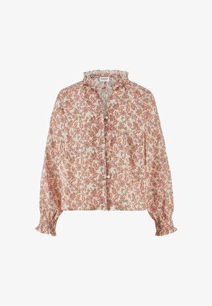 Langärmelige Bluse mit Knopfleiste, rosa-beigem Blumenmuster, gerüschtem hohen Kragen und gesammelten elastischen Bündchen.