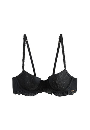 Sort blonde-bh med bøjle, justerbare bølgede stropper og flæsekant langs den nederste kant.