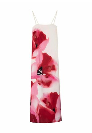 Florales Trägerkleid mit leuchtend pinken und roten Blumen auf einem weißen Hintergrund. Mit dünnen Trägern und einem geraden Schnitt.
