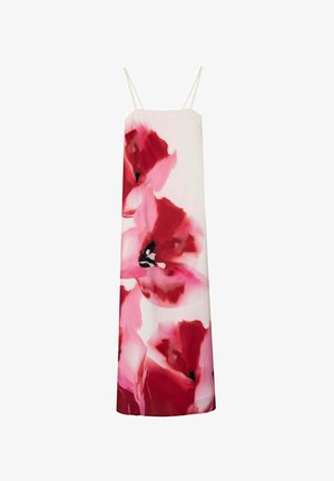 Florales Trägerkleid mit leuchtend pinken und roten Blumen auf einem weißen Hintergrund. Mit dünnen Trägern und einem geraden Schnitt.