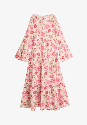 Lang blomstret kjole med klokkeermer. Rosa stoff med røde og grønne blomstermønstre. Løs passform med lagdelte volanger nederst.