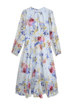 Robe bleu clair à manches longues avec imprimé floral rose, violet, jaune et blanc, encolure ronde et taille froncée.