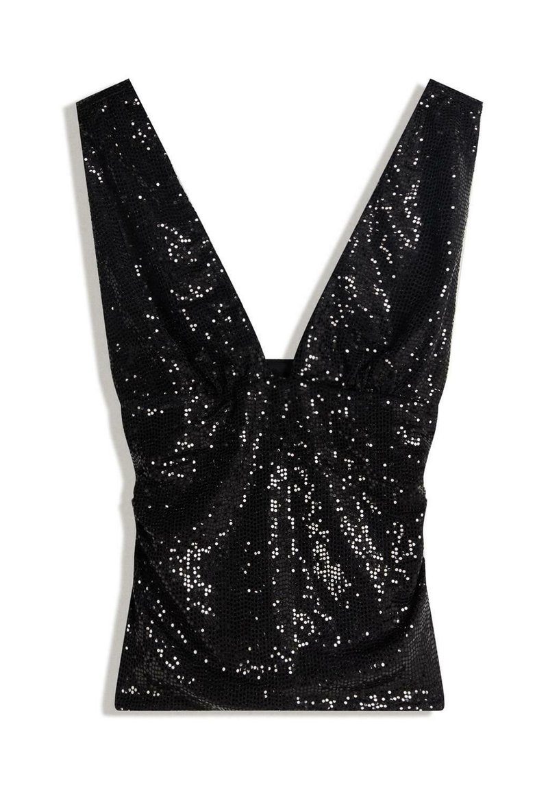 Čierny top s flitrami a hlbokým výstrihom do "V" s širokými ramienkami. Má zhromaždenú textúru s trblietavými, reflexnými detailmi po celom povrchu.