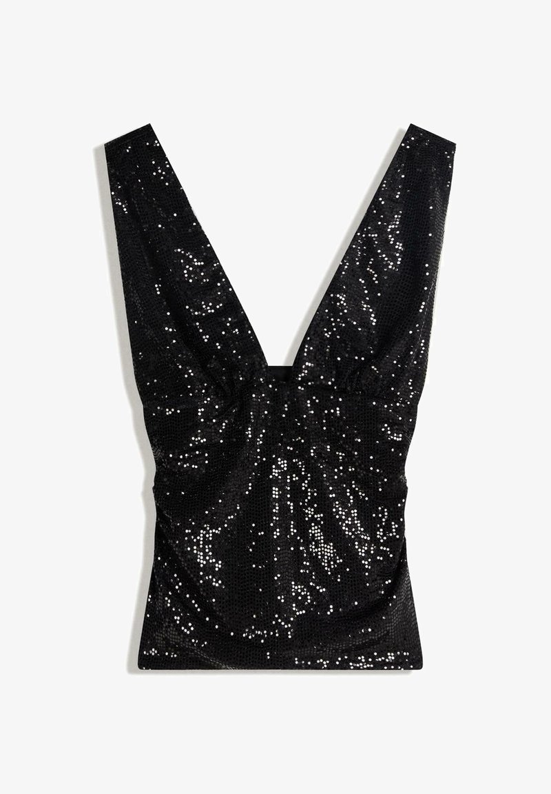 Čierny top s flitrami a hlbokým výstrihom do "V" s širokými ramienkami. Má zhromaždenú textúru s trblietavými, reflexnými detailmi po celom povrchu.