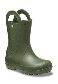 Botte en caoutchouc vert imperméable avec une surface texturée, une poignée découpée en rond, un logo relief et un motif en points sur la semelle.