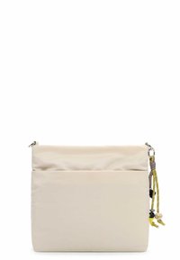 Beżowa nylonowa torba na ramię o gładkiej fakturze, z górnym zamkiem błyskawicznym oraz ozdobnymi paskami z koralikami po bokach.