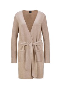 Beige gestrickte Strickjacke mit langen Ärmeln, V-Ausschnitt, tailliertem Gürtel und zwei vorderen Taschen mit gerippter Textur. Weicher, strukturierter Stoff.