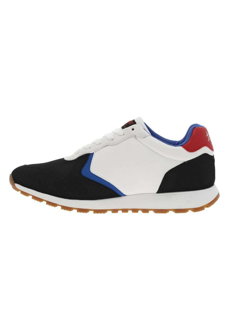 Baskets noires et blanches avec des accents bleus et rouges. Fabriquées en textile et en matériaux synthétiques, avec une semelle en caoutchouc et des lacets.