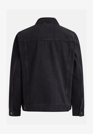 Black denim jacket with a classic collar, buttoned cuffs, and back yoke. Features a smooth texture and two side pockets.