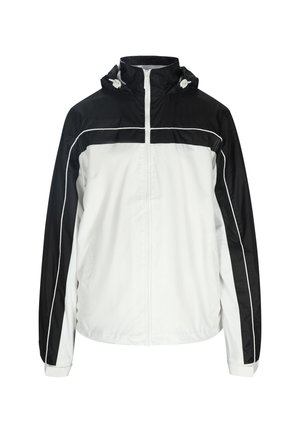 Black and white jacket with a zip closure, hood, and contrasting side panels. Features smooth, lightweight fabric and elastic cuffs.