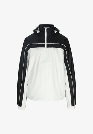 Juoda ir balta striukė su užtrauktuku, su kapisonu ir kontrastingomis šoninėmis panelėmis. Pagaminta iš sklandžios, lengvos medžiagos, turi elastingus rankogalius.