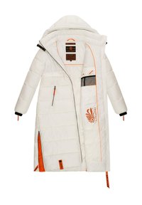 Lange, witte pufferjas met horizontale stiksels, oranje accenten, ritszakken en een grote capuchon. Bevat geborduurde logodetails.