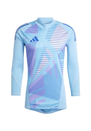 Blaue Sporttrikot mit langen Ärmeln, das geometrische Muster in lila und blauen Farbtönen aufweist, sowie ein Rundhalsausschnitt-Design. Hergestellt aus atmungsaktivem Stoff.