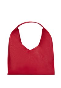 Czerwona skórzana torba hobo z głębokim, V-kształtnym otworem, gładką teksturą i jedną szeroką rączką na ramię. Minimalistyczny design, bez widocznych elementów metalowych.