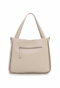 Beež tekstiiliga nahast käekott, millel on üks ülemine käepide ja esiküljel lukkudega tasku, valgel taustal eksponeeritud.