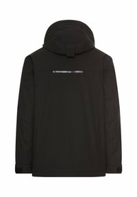 Schwarze, wasserdichte Jacke mit Kapuze, ausgestattet mit einem reflektierenden Streifen über den Rücken, verstellbaren Bündchen und einem glatten, matten Finish.