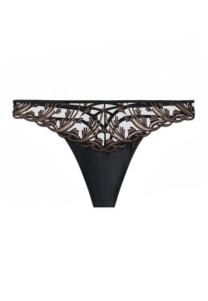 String noir avec un haut en dentelle transparente ornée de broderies florales bronze et une partie inférieure en tissu noir uni.