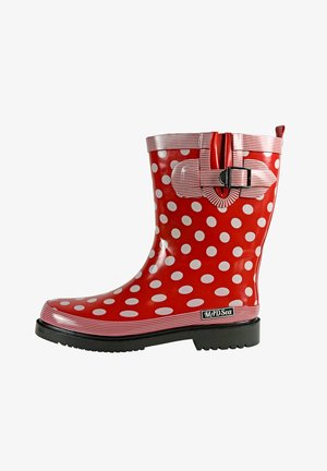 Red rubber rain boot with white polka dots, black textured sole, striped trim, and a buckle detail on the front for secure fastening.