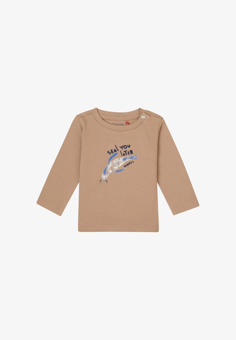 Beige langärmliges Hemd mit einem blauen und grauen Siegelgrafik und dem Text "SEA YOU LATER" in Schwarz, aus weichem Baumwollmaterial gefertigt.