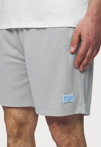 Lys grå treningsshorts med strukturert stoff, med en blå "PGOR" logo-patch på kanten. Nærbilde av sidevisningen.