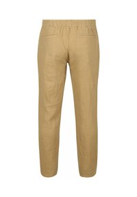 Lichtbruine linnen broek met een elastische tailleband, twee achterzakken en een rechte pijpdesign. Gladde textuur en casual stijl.