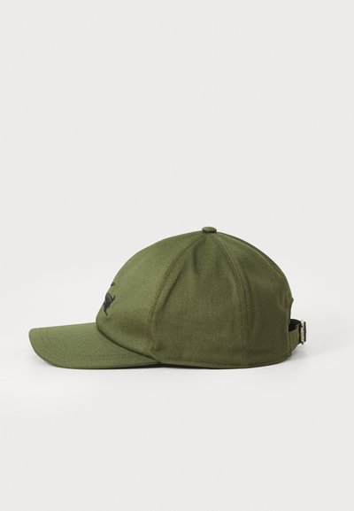 Olive green baseball cap with a flat brim, fabric material, textured surface, embroidered logo on the front, and adjustable strap at the back.