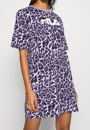 Purple leopard print T-shirt dress with short sleeves; features a white FILA logo at the front. Soft, lightweight cotton material.