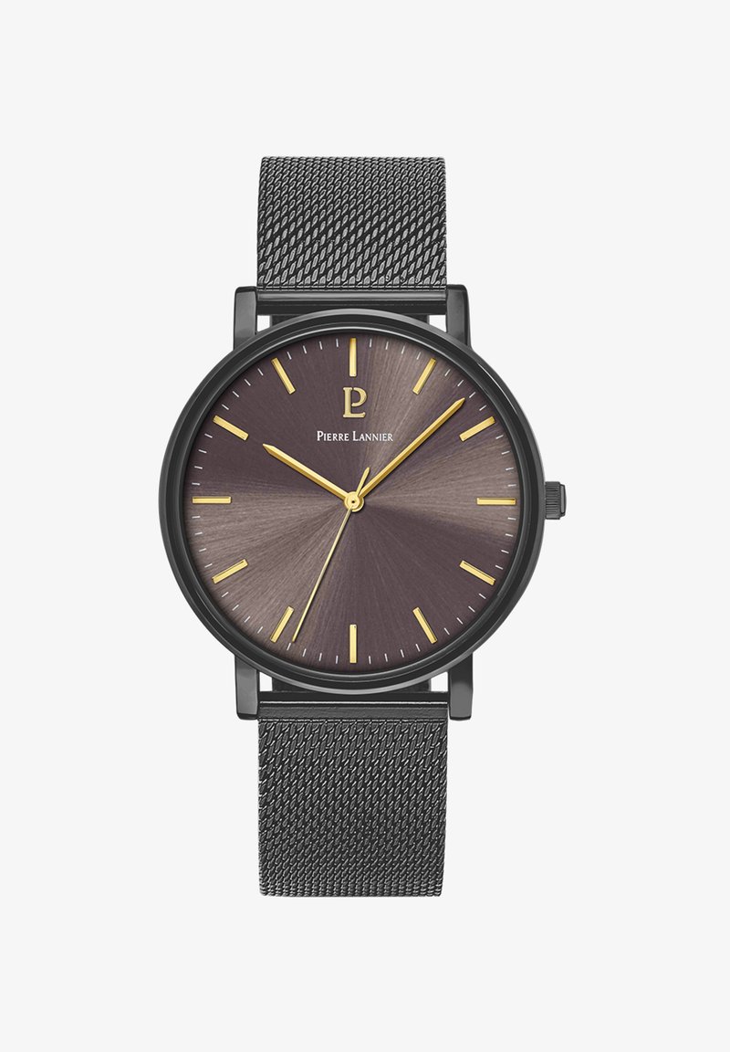 Rund ur med en mørkegrå mesh-rem, der har en gradient sort og brun urskive, guldtimerser og visere, med et logo i midten.