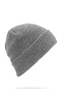 Bonnet tricoté en noir et blanc, avec un motif texturé. Offre une coupe décontractée et un matériau doux pour plus de chaleur.