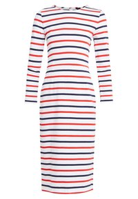 Mekko, jossa on raidalliset pitkät hihat, pyöreä pääntie ja vartalonmyötäinen siluetti. Kuvio koostuu punaisista, laivastonsinisistä ja valkoisista raidoista.