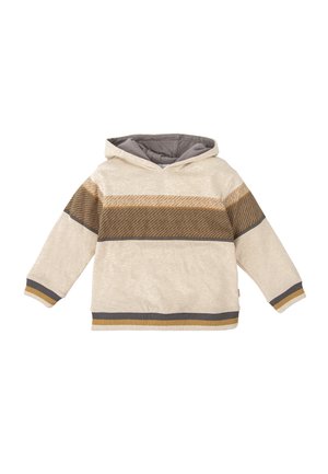 Sudadera con capucha en beige con acentos a rayas en marrón y mostaza. Tela suave, mangas largas y puños y dobladillo acanalados. Diseño liso y casual.