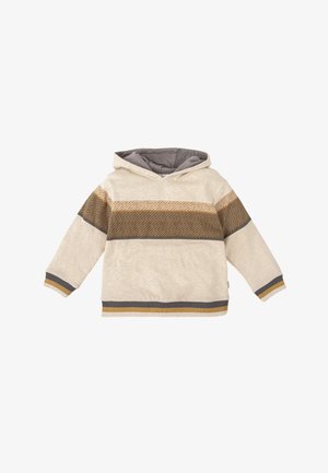 Sudadera con capucha en beige con acentos a rayas en marrón y mostaza. Tela suave, mangas largas y puños y dobladillo acanalados. Diseño liso y casual.