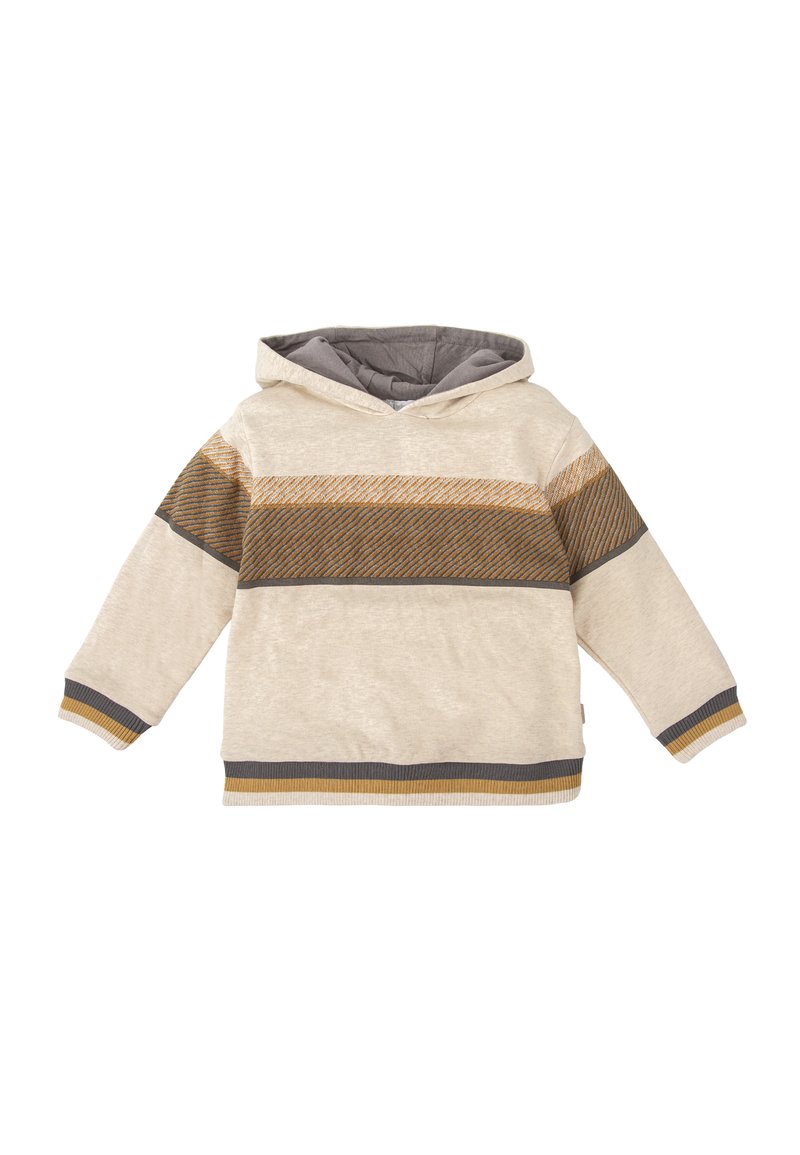 Sudadera con capucha en beige con acentos a rayas en marrón y mostaza. Tela suave, mangas largas y puños y dobladillo acanalados. Diseño liso y casual.