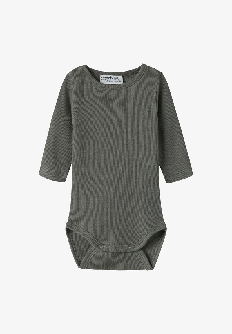 Body bébé gris foncé côtelé à manches longues avec boutons-pression à l'entrejambe et encolure ronde.