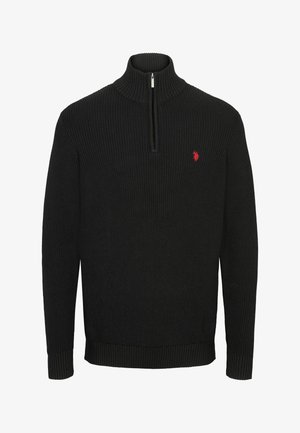 Must mustriga pullover-svetari, millel on pool tõmblukk kaeluses, ribatud varrukate otstest ja väike punane logo aktsent rinna peal. Tekstuuriga kangas.