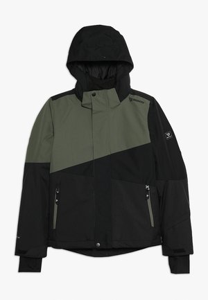 Czarna i oliwkowa ocieplana kurtka z kapturem, kieszeniami na zamek oraz kolor-blockowym wzorem o gładkiej, wodoodpornej fakturze.
