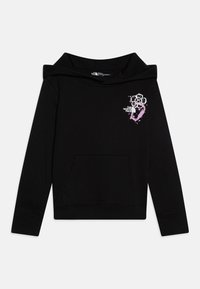 Hoodie noir avec une poche frontale, présente un design graphique en rose et blanc sur le côté gauche de la poitrine, en tissu doux avec une coupe décontractée.