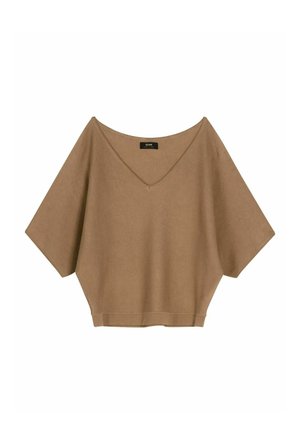 Luźna brązowa bluzka z krótkim rękawem, szerokim dekoltem w kształcie litery V i lekko skróconym dołem, przedstawiona na białym tle.