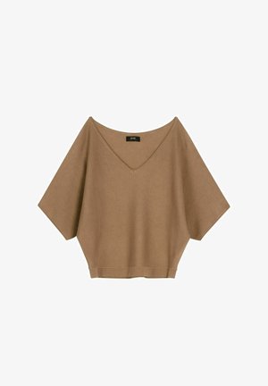 Luźna brązowa bluzka z krótkim rękawem, szerokim dekoltem w kształcie litery V i lekko skróconym dołem, przedstawiona na białym tle.