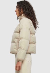 Veste en duvet beige avec un col haut, des poignets élastiques et une silhouette carrée. Dotée de coutures horizontales et de poches latérales.