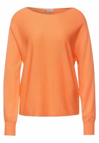 Orange långärmad stickad topp med bred rund halsringning och ribbade muddarna, med en enkel, slät textur och rak fålldesign.