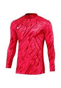 Langärmliges Sportshirt in lebhaftem Rot mit einem wellenförmigen Muster. Hat einen runden Halsausschnitt und ein kleines weißes Nike-Logo auf der Brust.