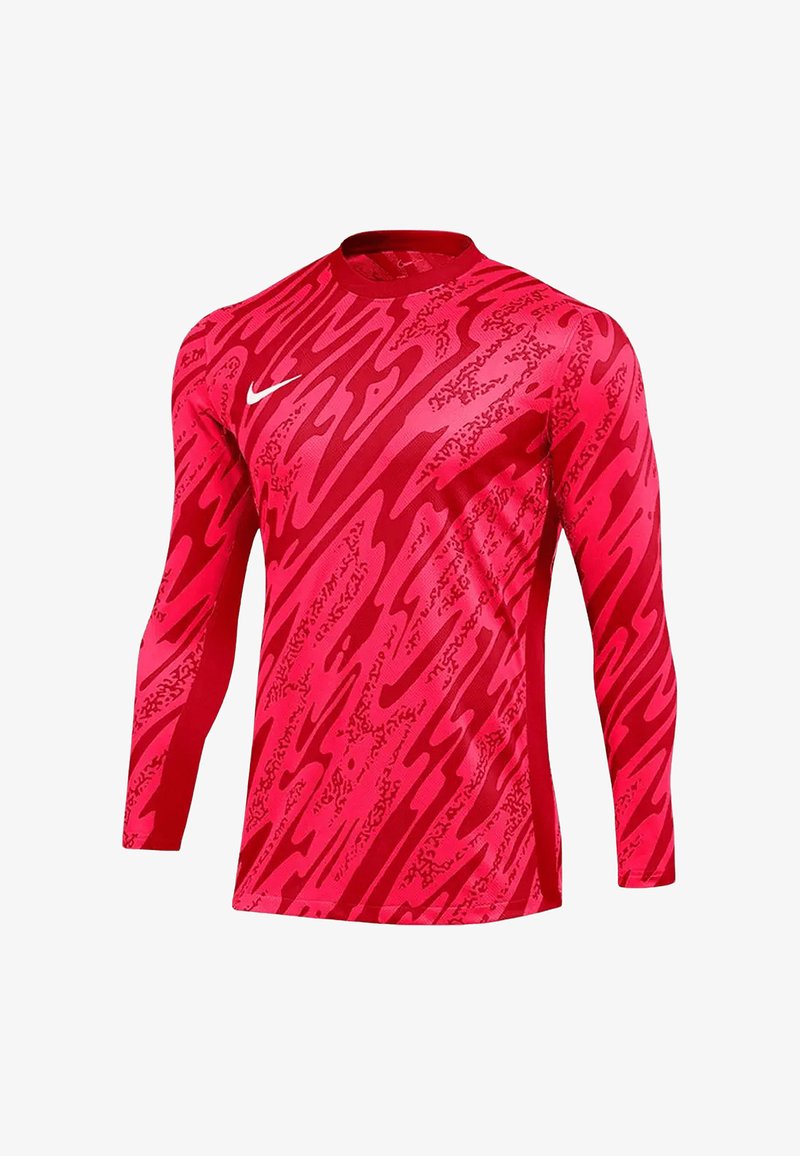 Langärmliges Sportshirt in lebhaftem Rot mit einem wellenförmigen Muster. Hat einen runden Halsausschnitt und ein kleines weißes Nike-Logo auf der Brust.