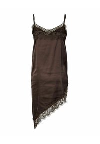 Robe nuisette en satin noir avec bordure en dentelle au niveau de l'encolure et ourlet asymétrique, dotée de fines bretelles spaghetti.