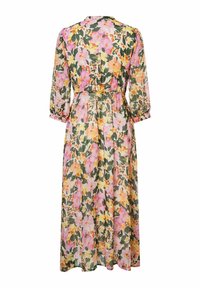 Bloemrijke midi-jurk met een mix van roze, geel en groene tinten. Lange mouwen, elastische taille en lichtgewicht stof met een vloeiende silhoutte.