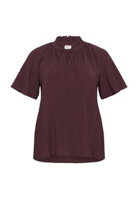 Burgundy blouse with a textured crinkled design, short sleeves, a high ruffled neckline, and three decorative buttons at the front.